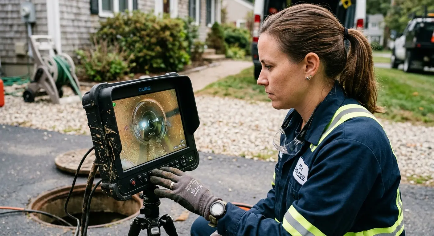 Technician reviewing sewer camera inspection footage in Marion