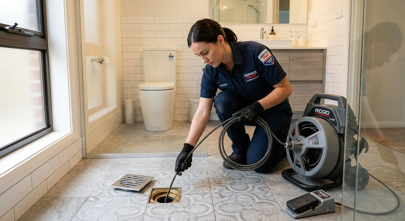Technician clearing a bathroom floor drain for Hydro Jetting in Marion